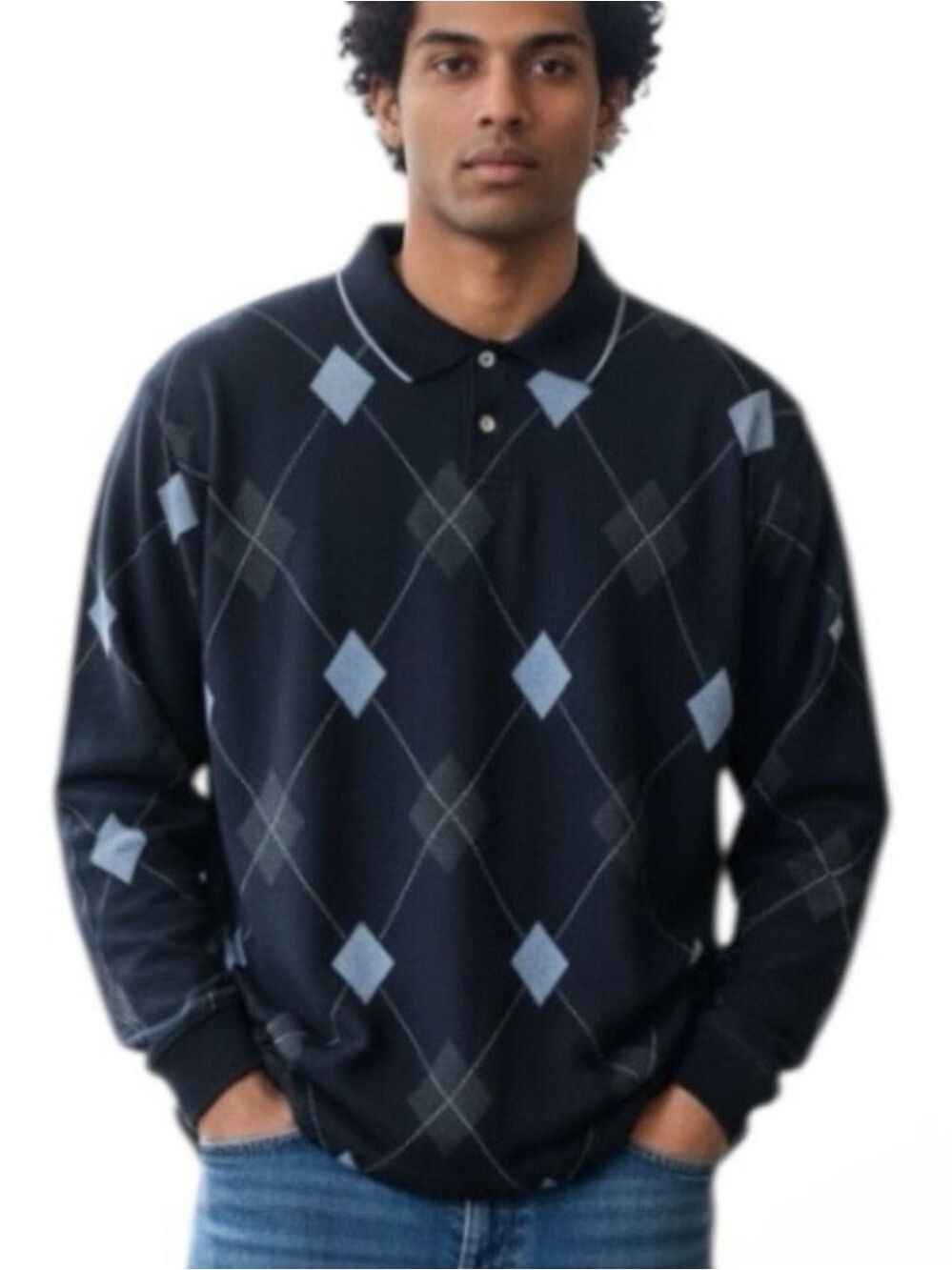 George Mens Blue and Gray Argyle Collared 2 Button Sweater XL